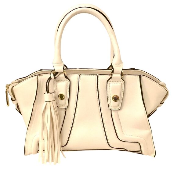 Steve Madden Cream Satchel Bag Handbag Tassel Accent Black Gold Details - Picture 1 of 15